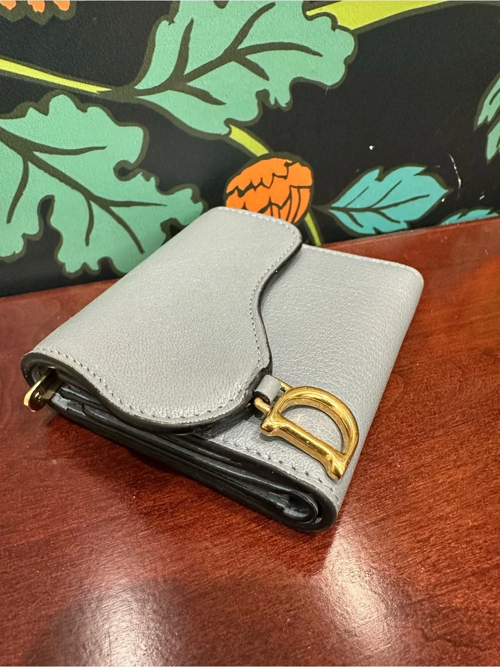 Christian Dior Saddle Lotus Wallet Gray Calfskin Gold D Hardware Compact Wallet